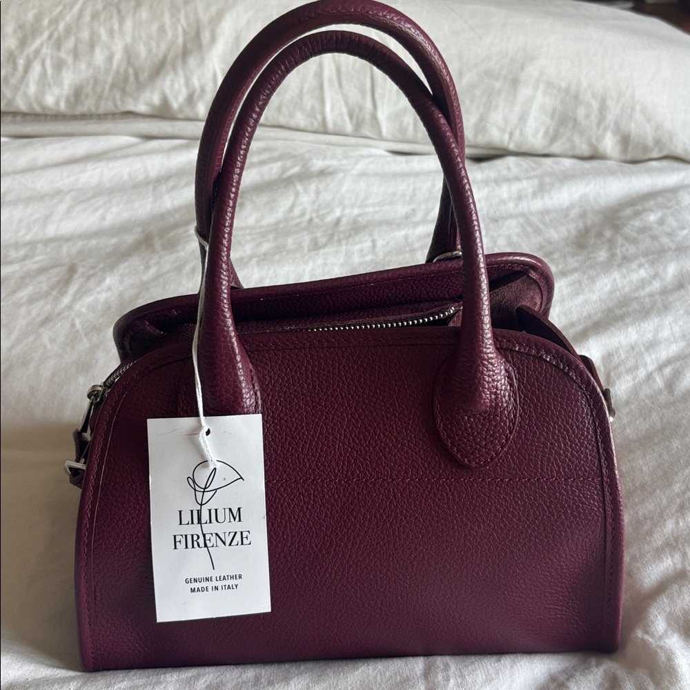 Bordeaux Burgundy genuine leather Italian handbag w/ long strap attachable